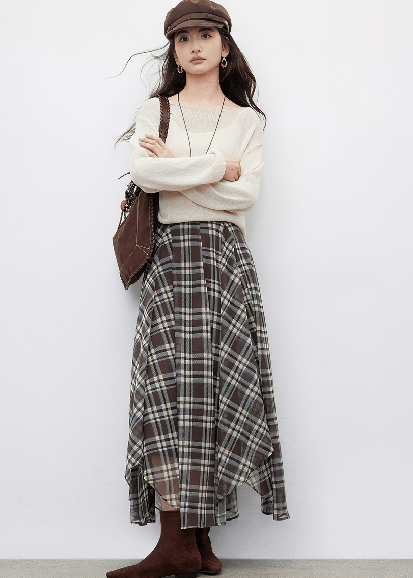 PLAID CHIFFON ASYMMETRICAL MIDI SKIRT - ANLEM