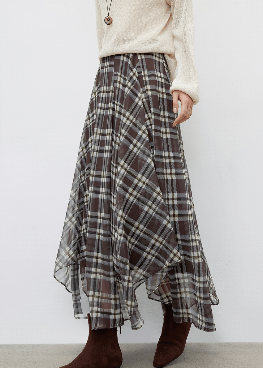 PLAID CHIFFON ASYMMETRICAL MIDI SKIRT - ANLEM
