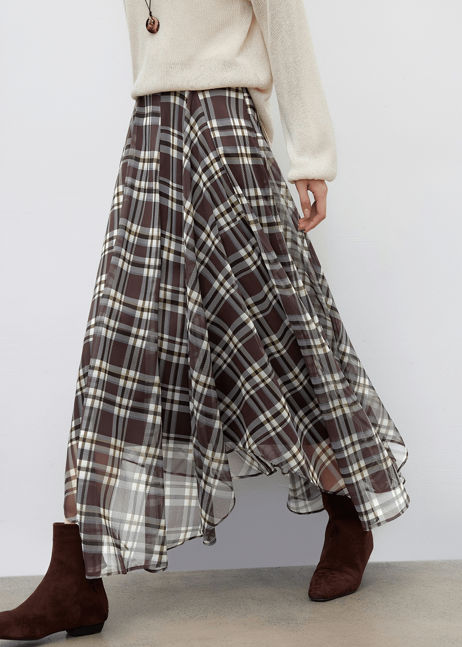 PLAID CHIFFON ASYMMETRICAL MIDI SKIRT - ANLEM