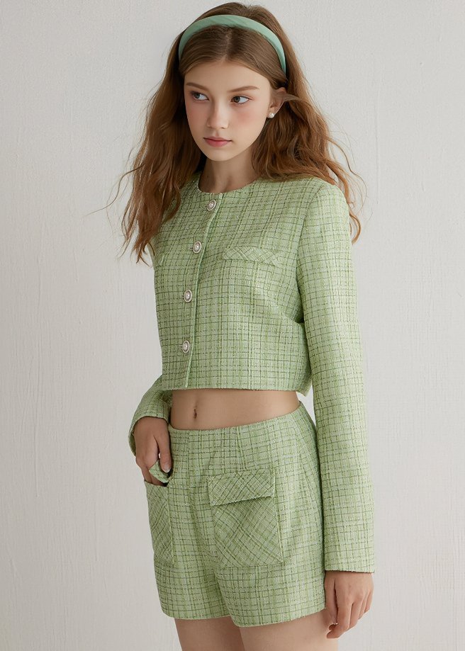 PLAID CROPPED JACKET & BOTTOMS - ANLEM