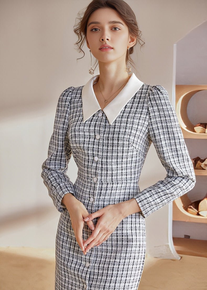 PLAID TWEED SLIM DRESS - ANLEM