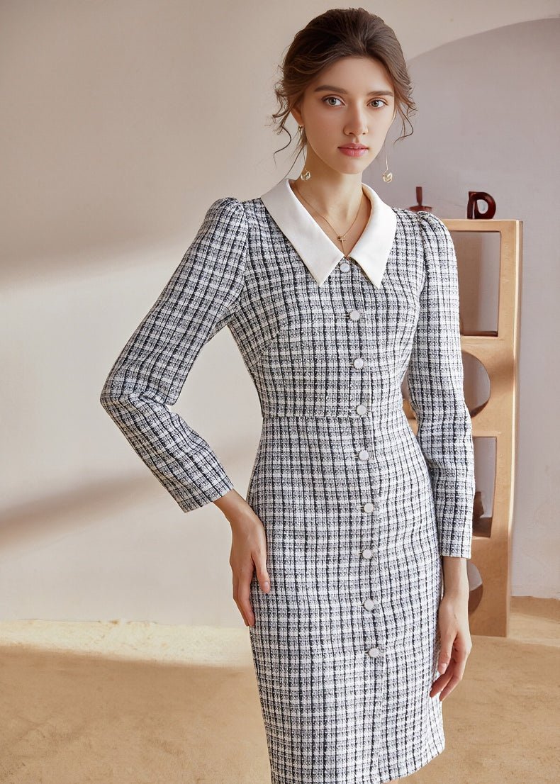 PLAID TWEED SLIM DRESS - ANLEM