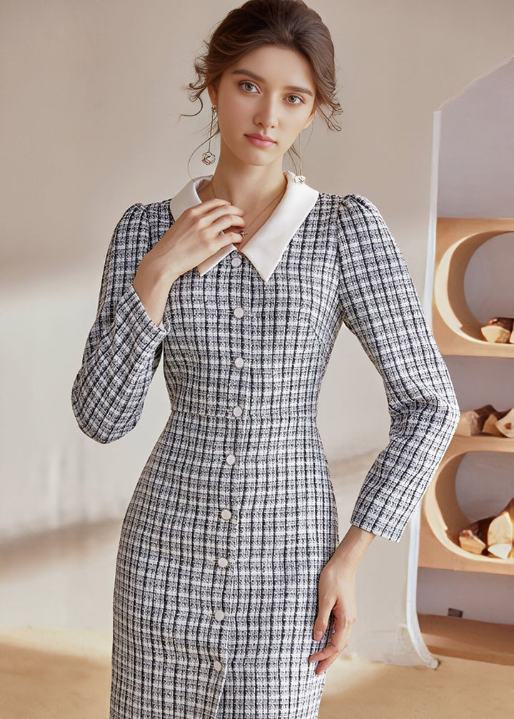 PLAID TWEED SLIM DRESS - ANLEM