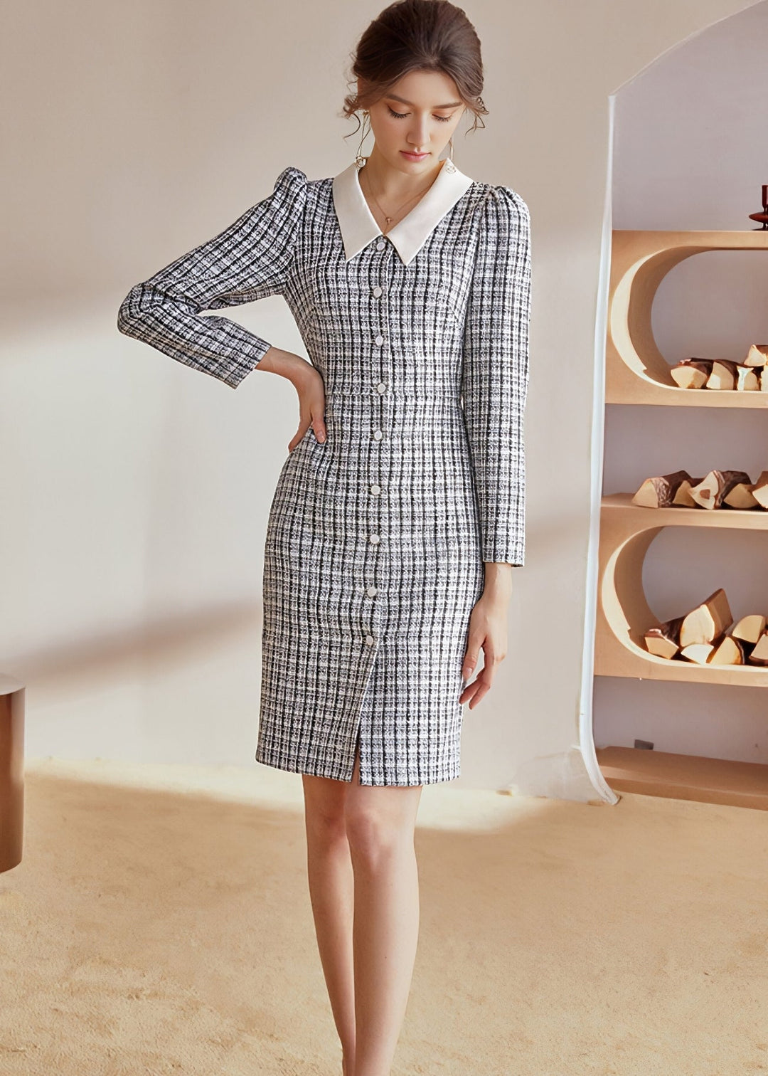 PLAID TWEED SLIM DRESS - ANLEM