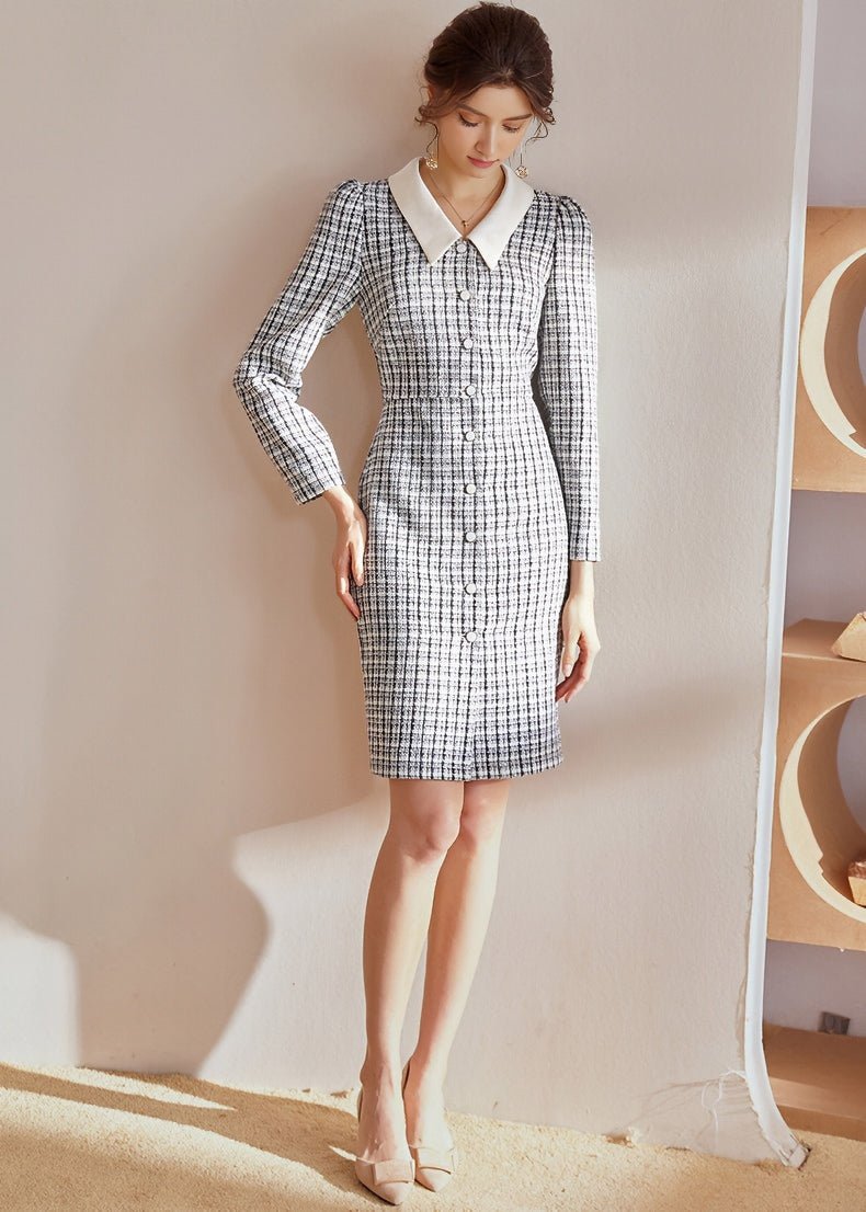 PLAID TWEED SLIM DRESS - ANLEM