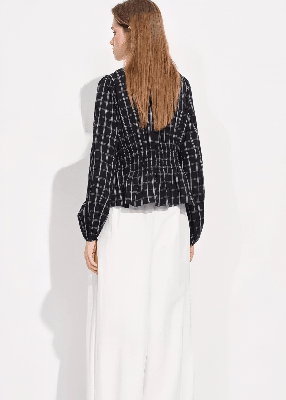 PLAID V - NECK PEPLUM BLOUSE - ANLEM