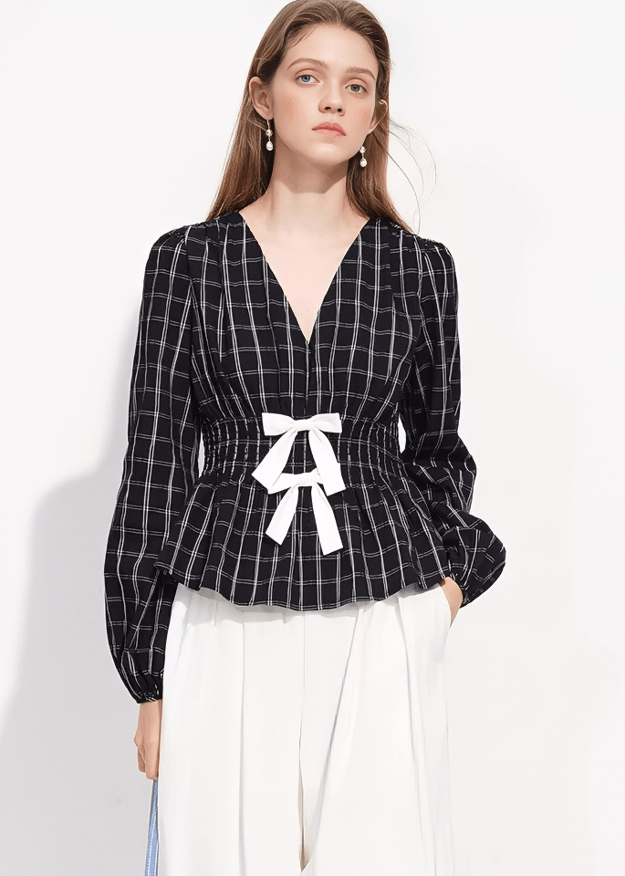 PLAID V - NECK PEPLUM BLOUSE - ANLEM