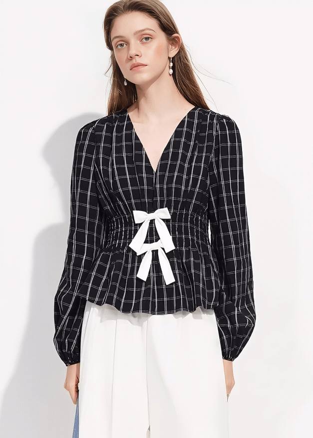PLAID V - NECK PEPLUM BLOUSE - ANLEM