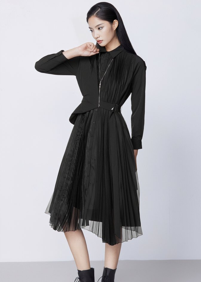 PLEATED MESH PATCHWORK DRESS - ANLEM