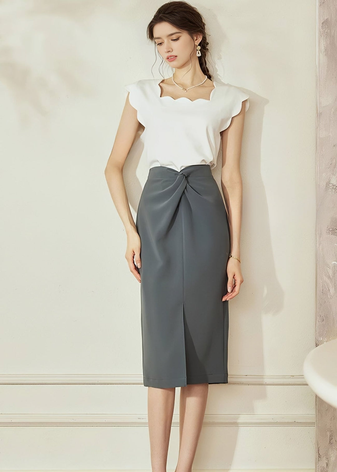 PLEATED SLIM SLIT SKIRT - ANLEM