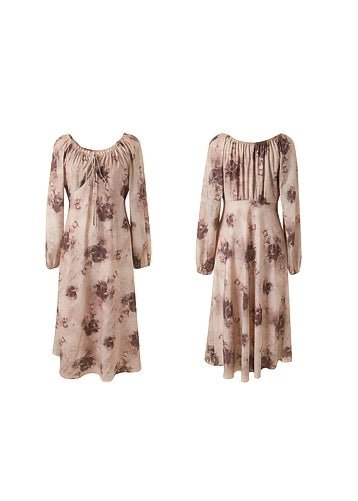 PRINTED U - NECK LANTERN SLEEVE DRESS - ANLEM