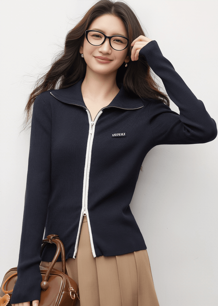 RIBBED KNIT ZIP UP CARDIGAN - ANLEM