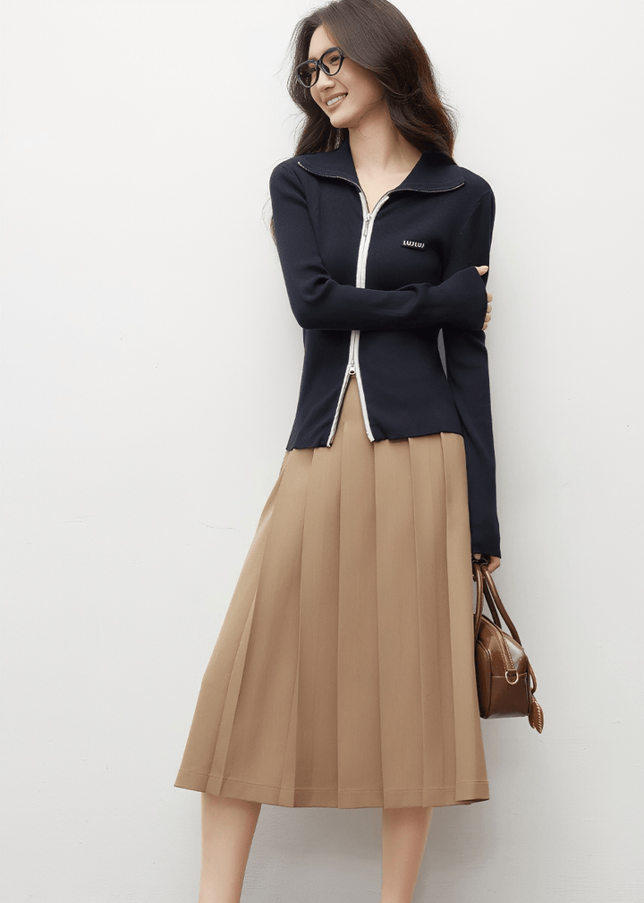 RIBBED KNIT ZIP UP CARDIGAN - ANLEM