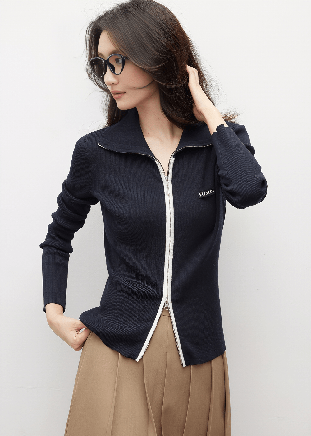 RIBBED KNIT ZIP UP CARDIGAN - ANLEM