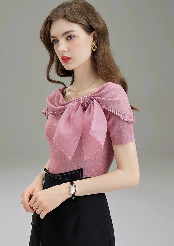 RIBBON COLLAR CHIFFON TOPS - ANLEM