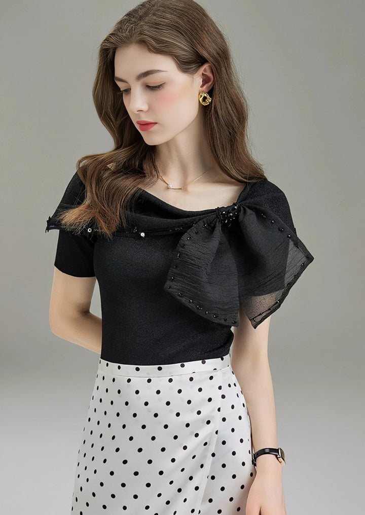 RIBBON COLLAR CHIFFON TOPS - ANLEM