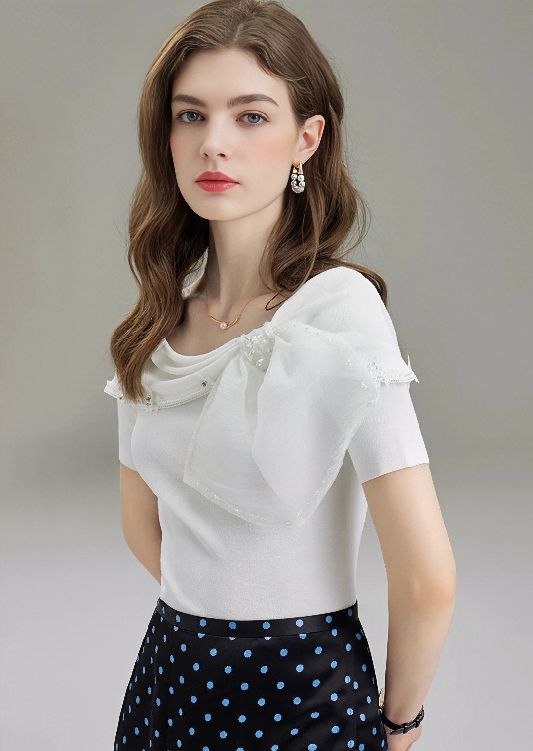 RIBBON COLLAR CHIFFON TOPS - ANLEM