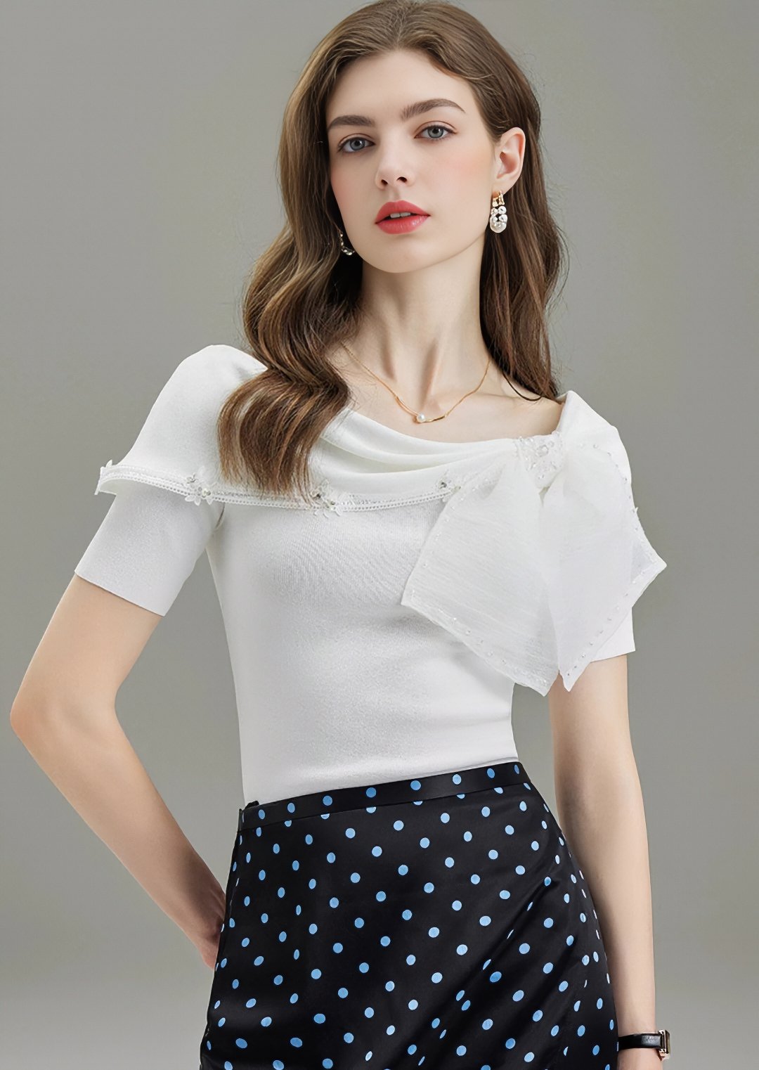 RIBBON COLLAR CHIFFON TOPS - ANLEM