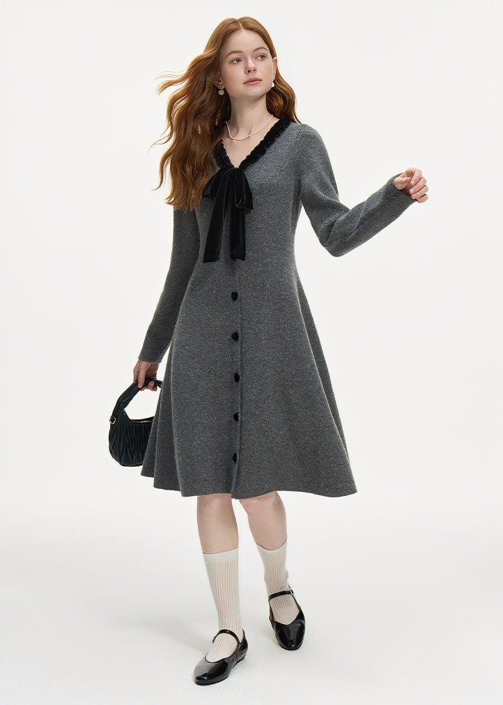 RIBBON TIE V - NECK KNIT DRESS - ANLEM