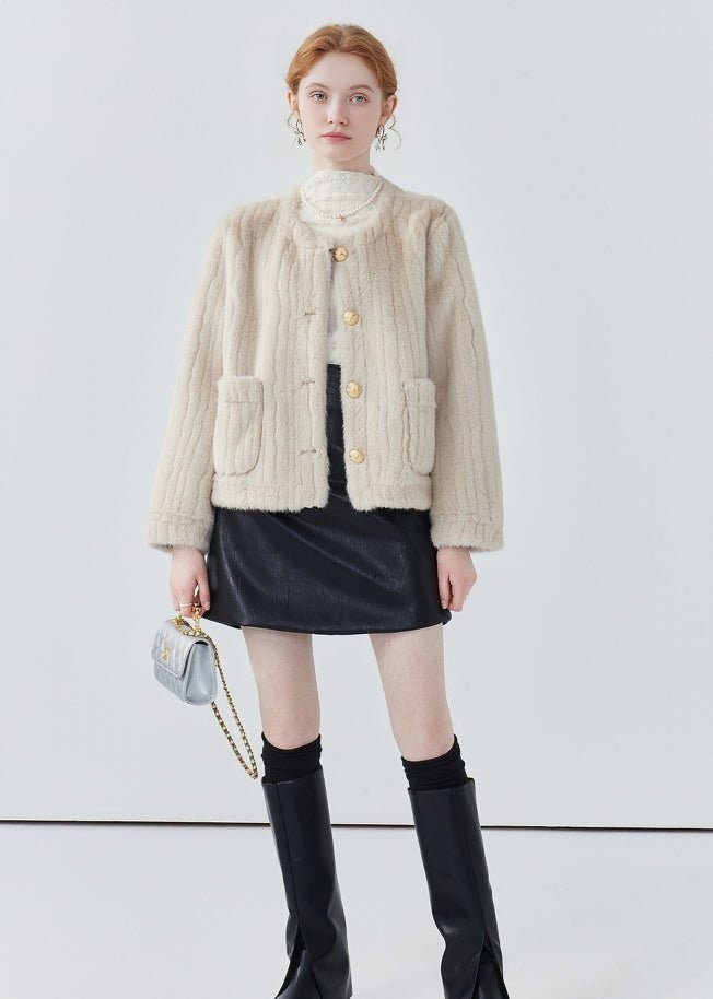 ROUND COLLAR STRIPED SHORT COAT - ANLEM