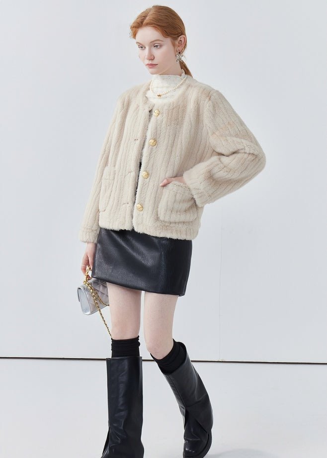 ROUND COLLAR STRIPED SHORT COAT - ANLEM