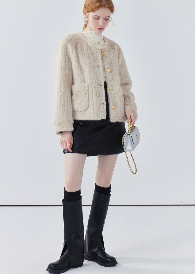 ROUND COLLAR STRIPED SHORT COAT - ANLEM