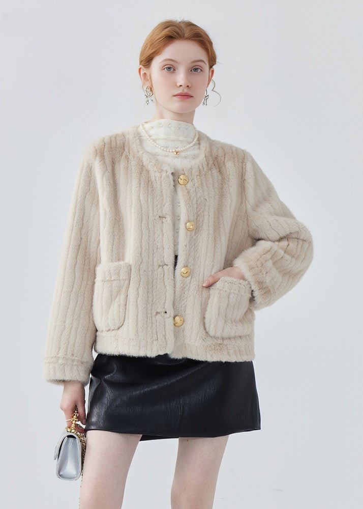 ROUND COLLAR STRIPED SHORT COAT - ANLEM