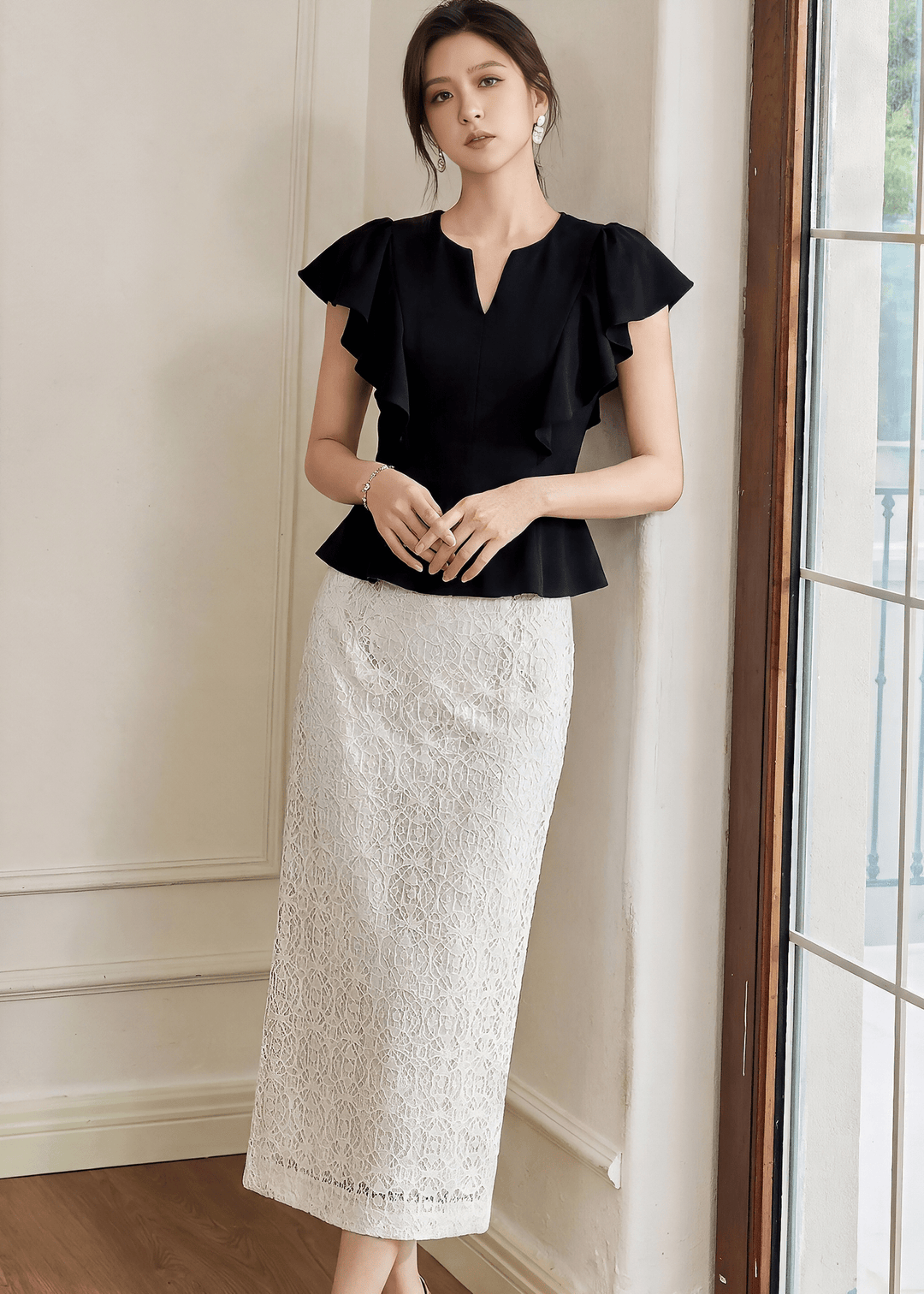 RUFFLE SLEEVE PEPLUM TOP - ANLEM