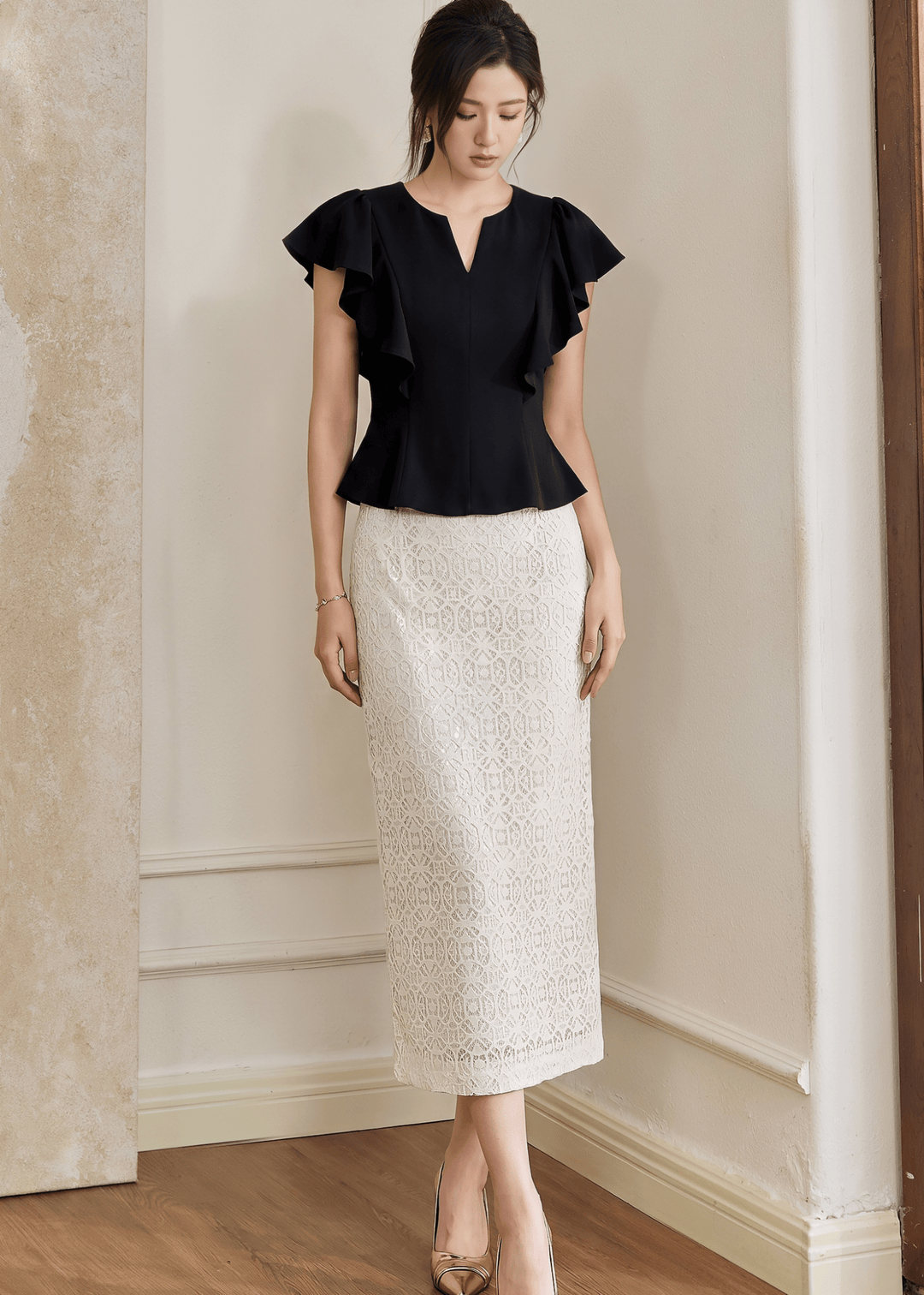 RUFFLE SLEEVE PEPLUM TOP - ANLEM