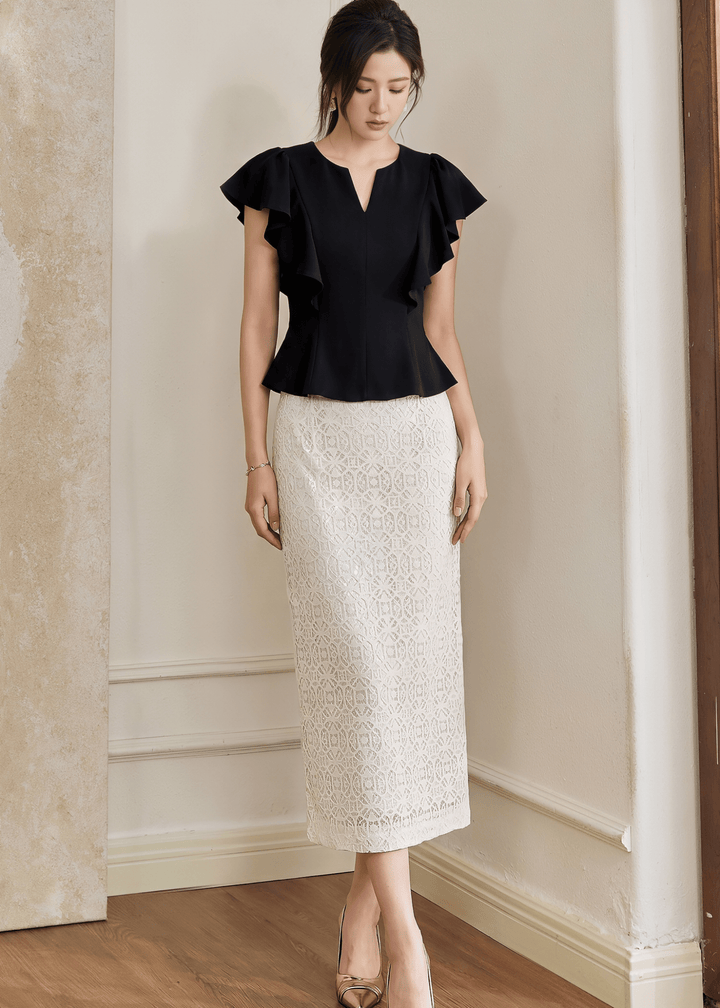 RUFFLE SLEEVE PEPLUM TOP - ANLEM