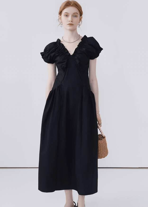 RUFFLED NECK PUFF SLEEVE MAXI DRESS - ANLEM