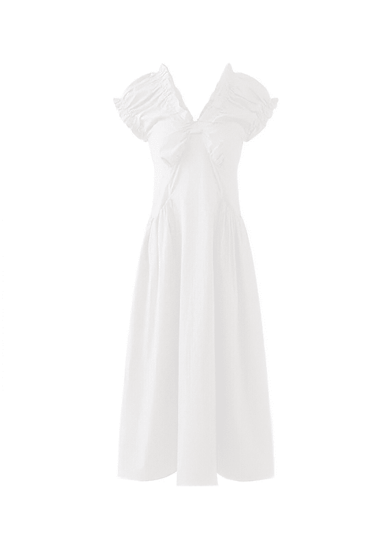 RUFFLED NECK PUFF SLEEVE MAXI DRESS - ANLEM
