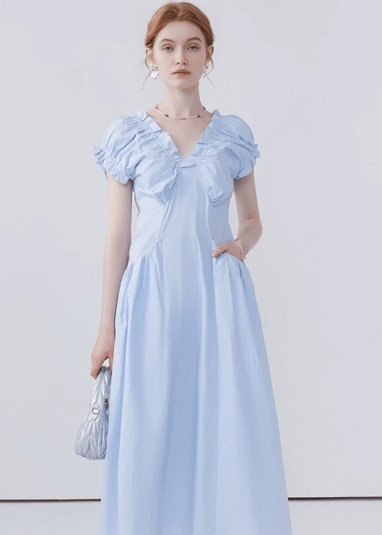 RUFFLED NECK PUFF SLEEVE MAXI DRESS - ANLEM