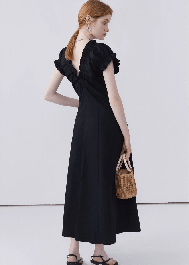 RUFFLED NECK PUFF SLEEVE MAXI DRESS - ANLEM