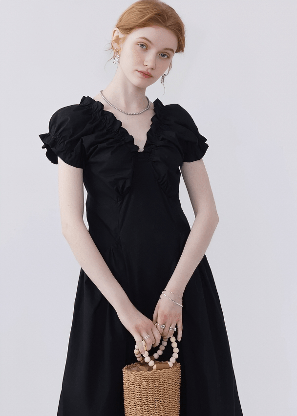 RUFFLED NECK PUFF SLEEVE MAXI DRESS - ANLEM