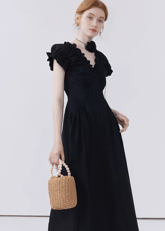 RUFFLED NECK PUFF SLEEVE MAXI DRESS - ANLEM