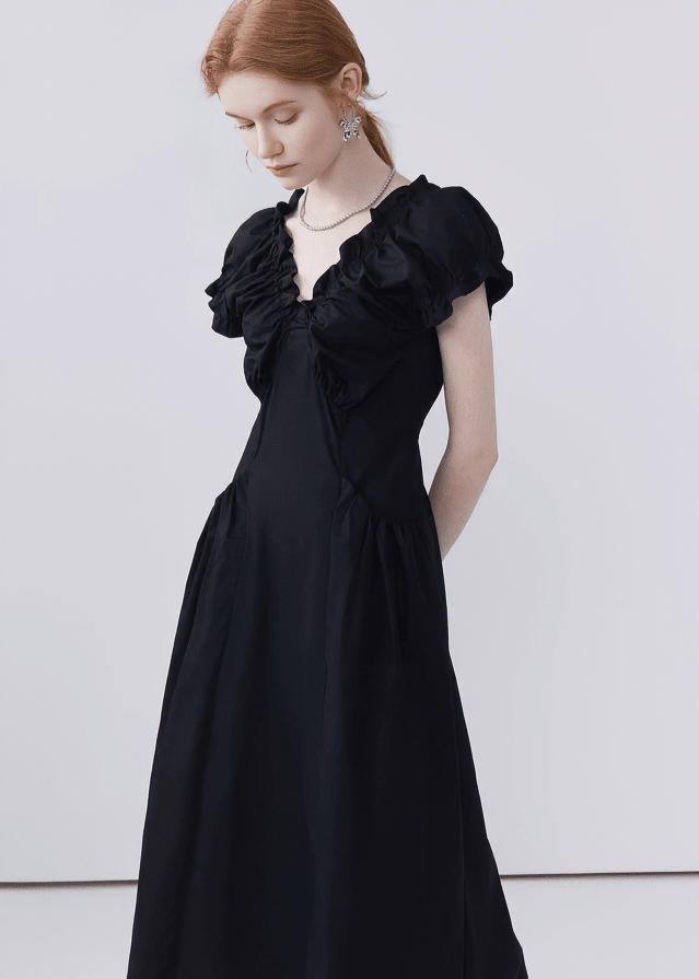 RUFFLED NECK PUFF SLEEVE MAXI DRESS - ANLEM