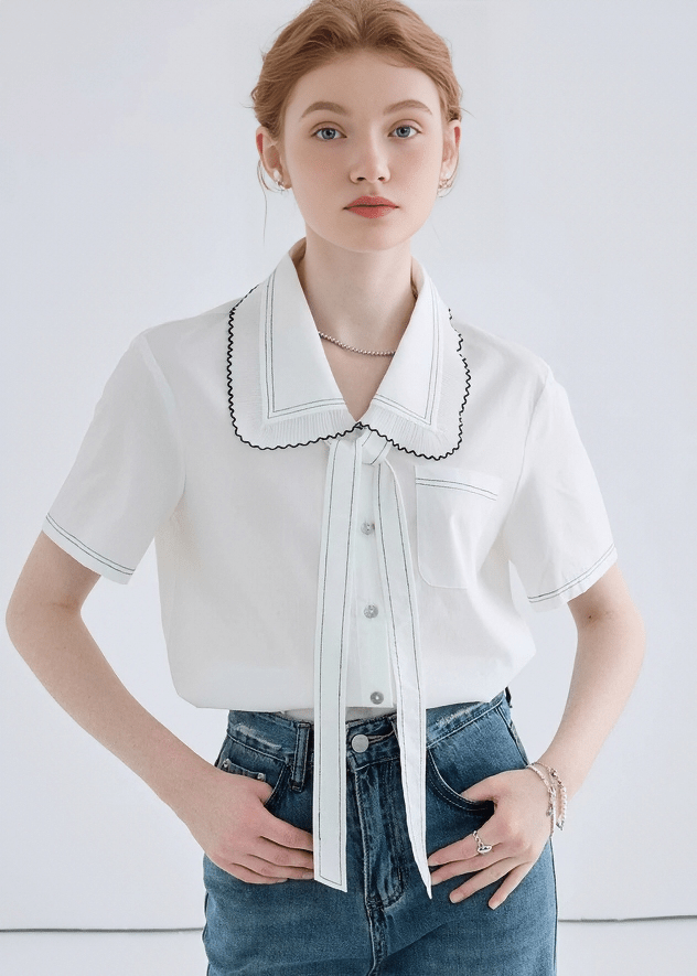 SCALLOP COLLAR STITCH BLOUSE - ANLEM