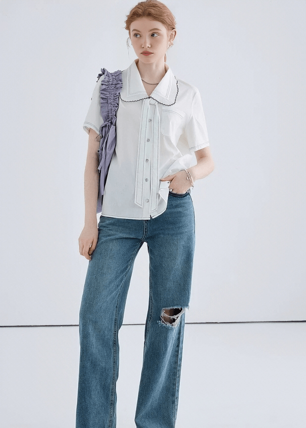 SCALLOP COLLAR STITCH BLOUSE - ANLEM
