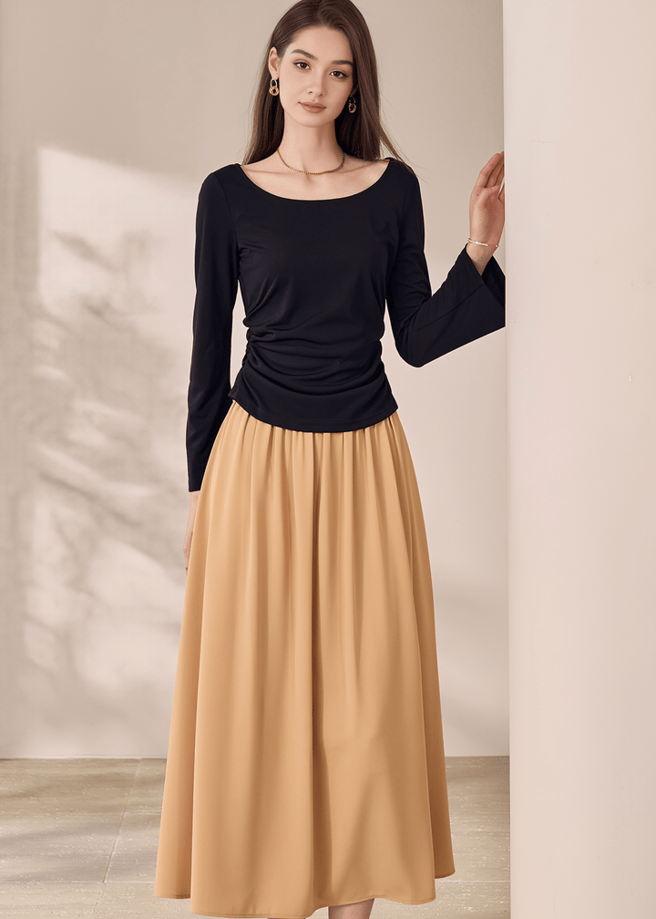 SCOOP NECK RUCHED FLARE SLEEVE TOPS - ANLEM