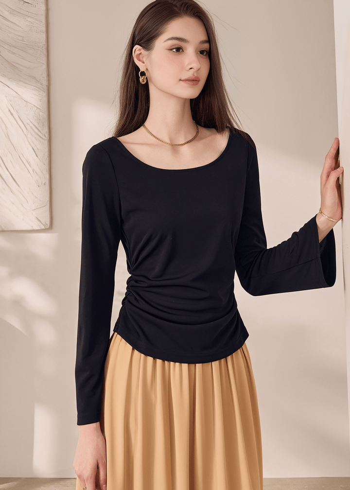 SCOOP NECK RUCHED FLARE SLEEVE TOPS - ANLEM