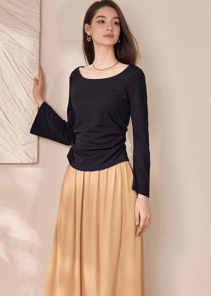 SCOOP NECK RUCHED FLARE SLEEVE TOPS - ANLEM