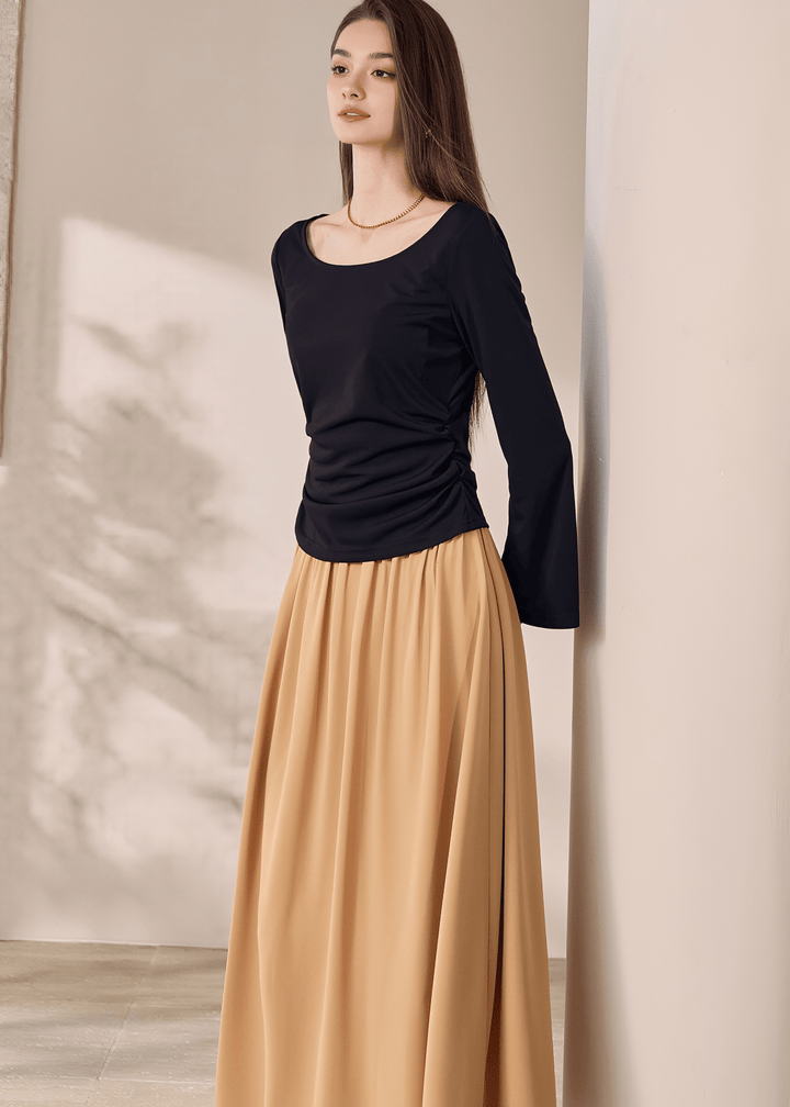 SCOOP NECK RUCHED FLARE SLEEVE TOPS - ANLEM