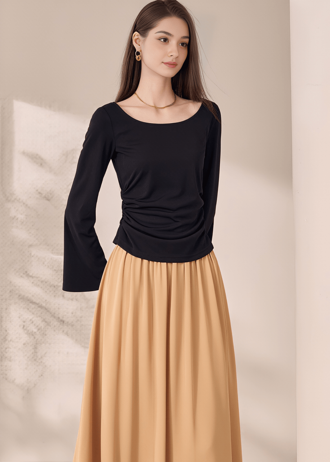 SCOOP NECK RUCHED FLARE SLEEVE TOPS - ANLEM