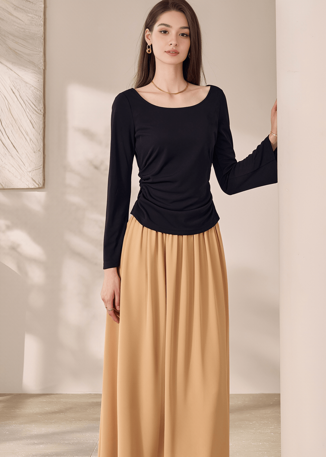 SCOOP NECK RUCHED FLARE SLEEVE TOPS - ANLEM