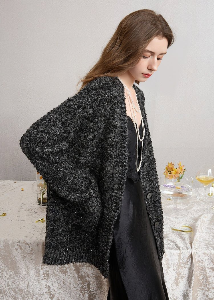 SEQUINED V - NECK KNIT CARDIGAN - ANLEM