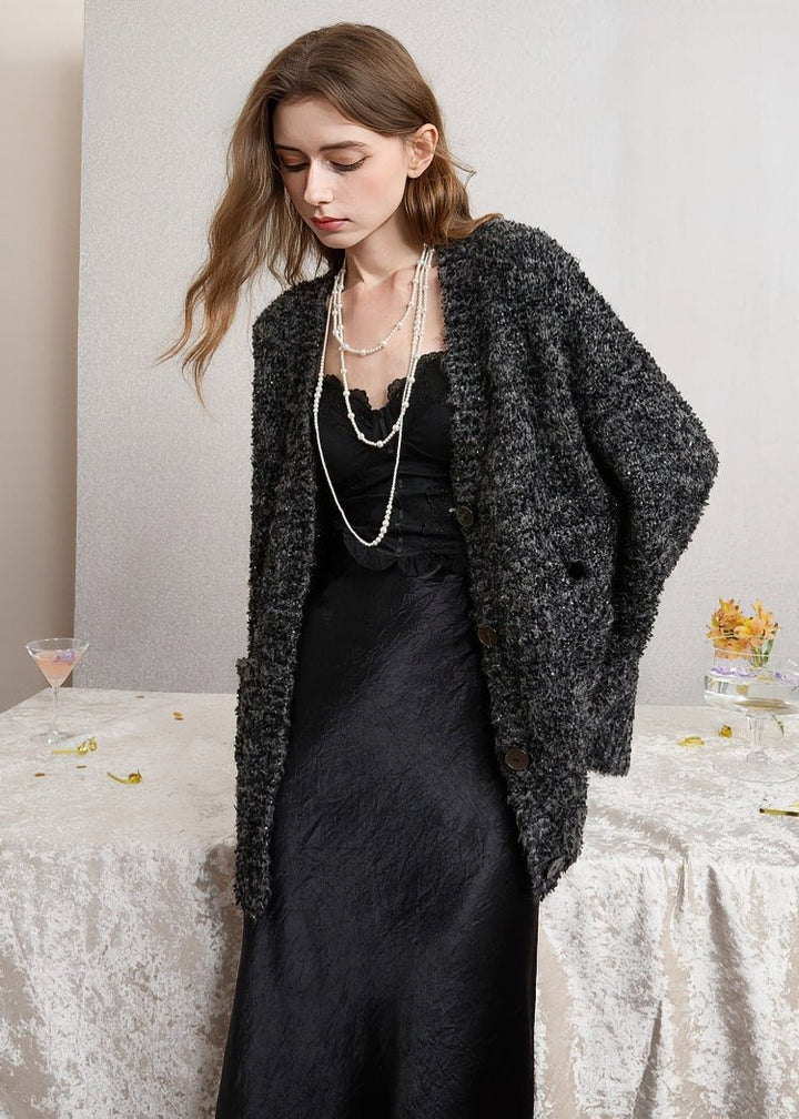 SEQUINED V - NECK KNIT CARDIGAN - ANLEM