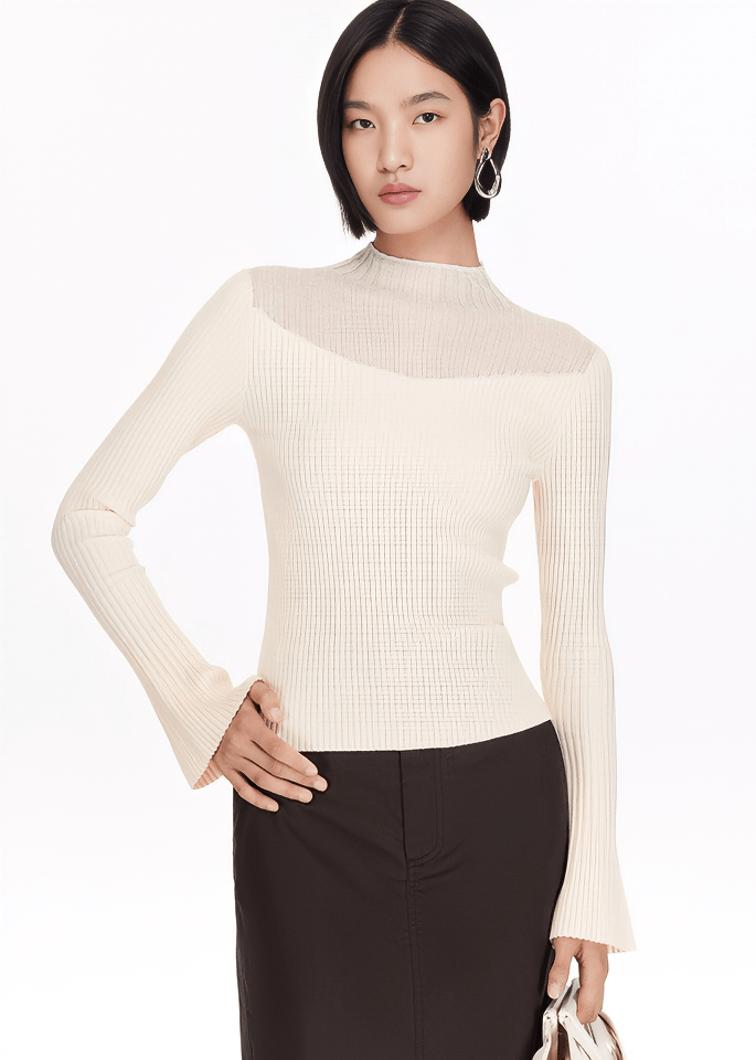 SHEER PANEL MOCK NECK SWEATER - ANLEM
