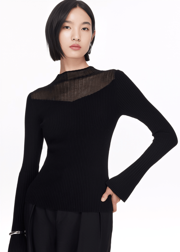 SHEER PANEL MOCK NECK SWEATER - ANLEM