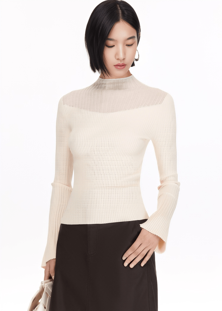 SHEER PANEL MOCK NECK SWEATER - ANLEM